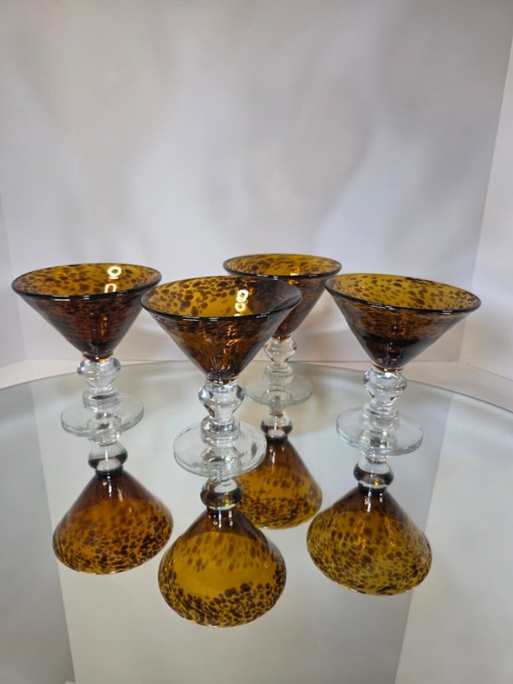 Set of (4) Hand-Blown Tortoise Shell Clear Stem Martini Glasses